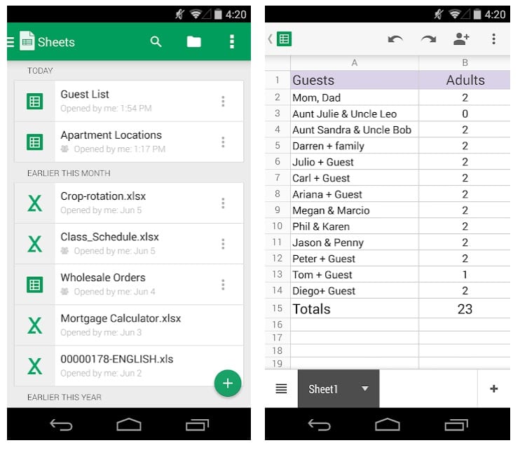 Google Sheets app